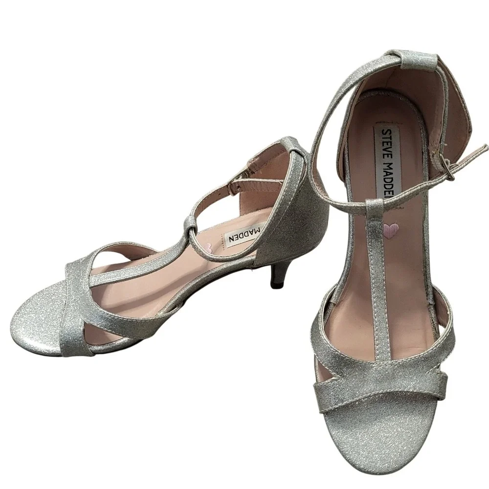 Steve Madden Girls Silver Glitter T-Strap Kitten Heel Dress Shoes Size 5 Big Kid